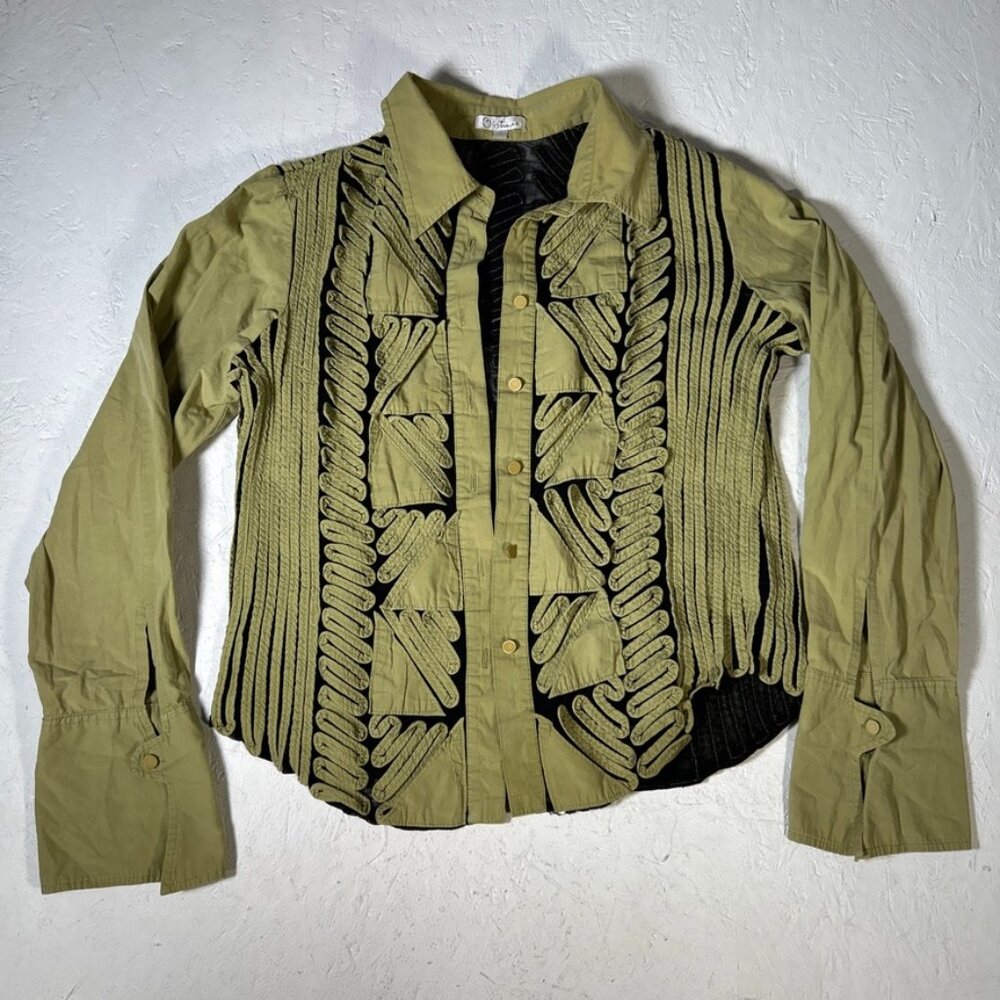 Vtg Osstinee Abstract Artsy Stitched Collared Button Down Shirt Women’s 14 Green